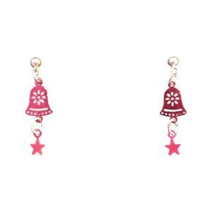 Red and Silver-Tone Flat Christmas Bells and Stars Earrings Light Fair Condition
